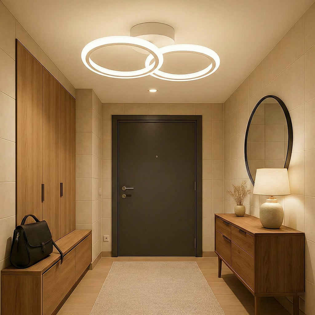 Lustra LED tavan 1+1 cercuri alba, cu telecomanda, echivalent 300W, lustra rotunda pentru dormitor - Imagine 3