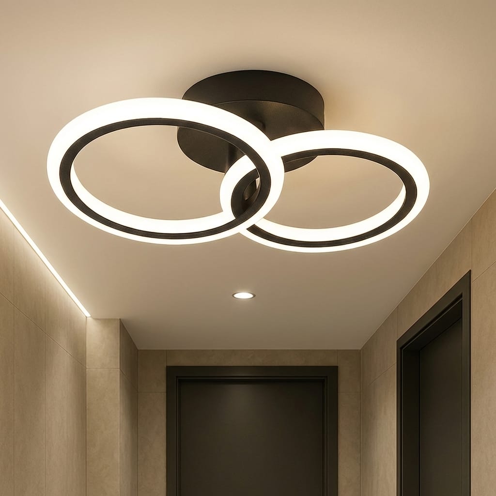 Lustra LED tavan 1+1 cercuri neagra, cu telecomanda, echivalent 300W, lustra rotunda moderna 1