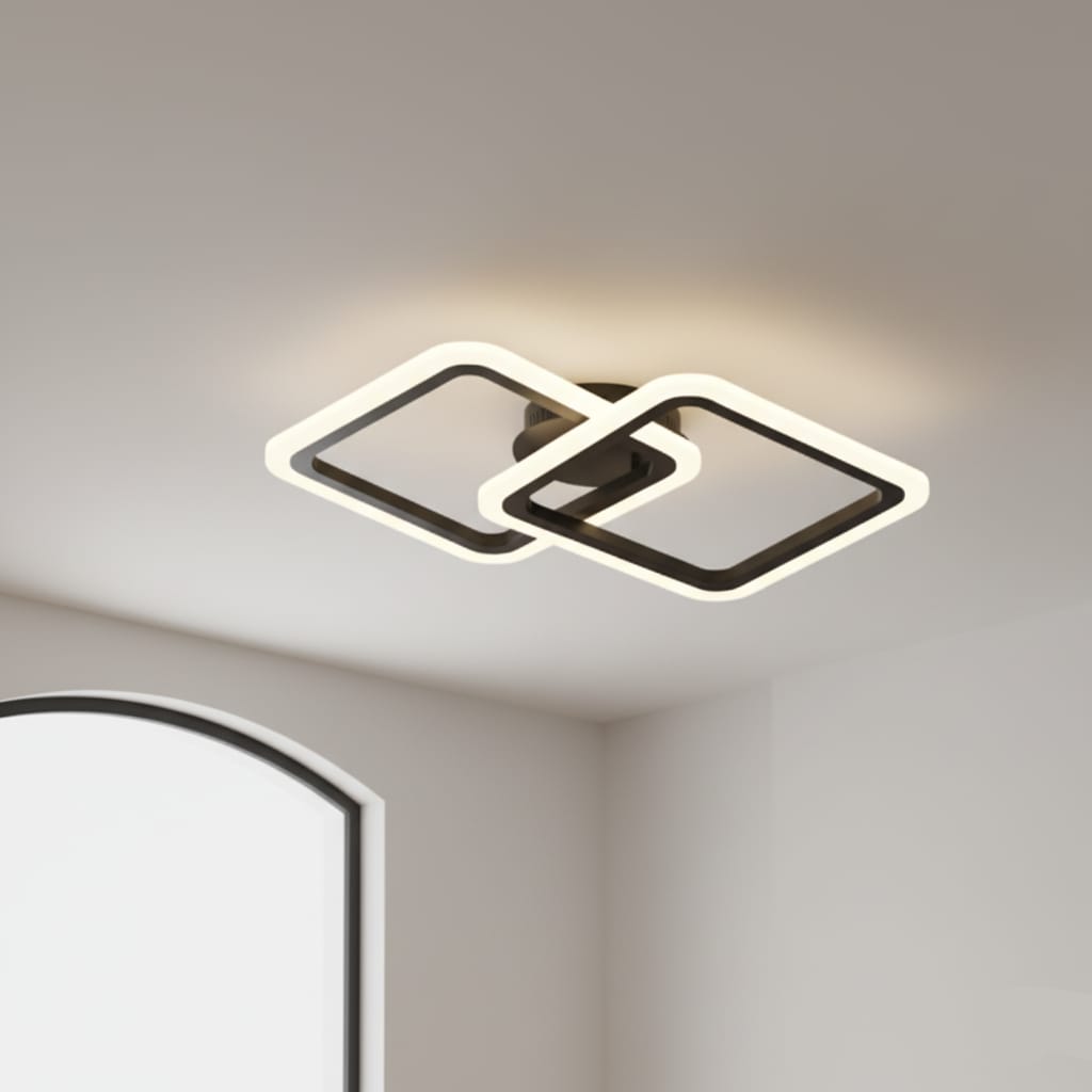 Lustra LED tavan 1+1 patrat neagra, cu telecomanda, echivalent 300W, lustra patrata moderna 1