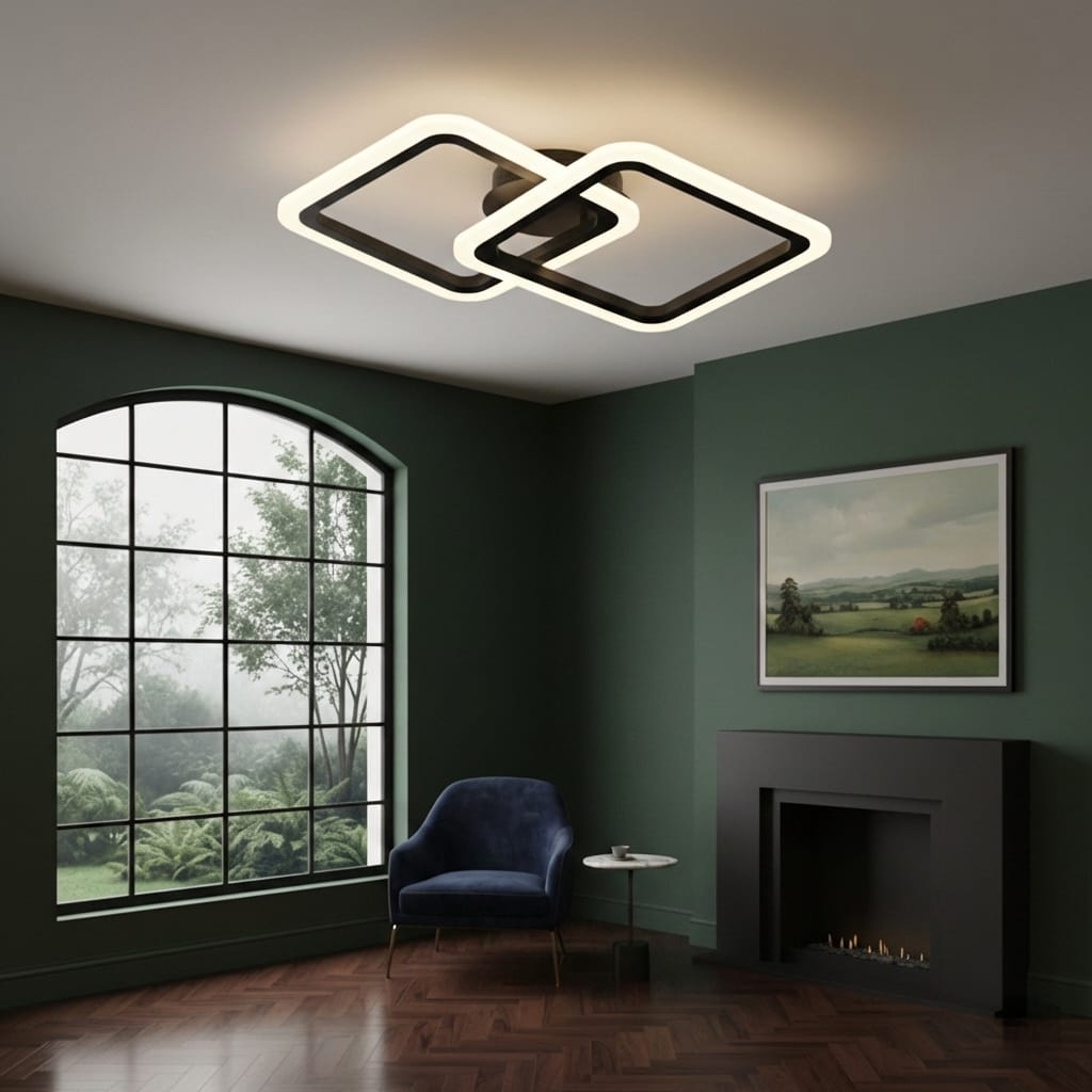 Lustra LED tavan 1+1 patrat neagra, cu telecomanda, echivalent 300W, lustra patrata moderna 2