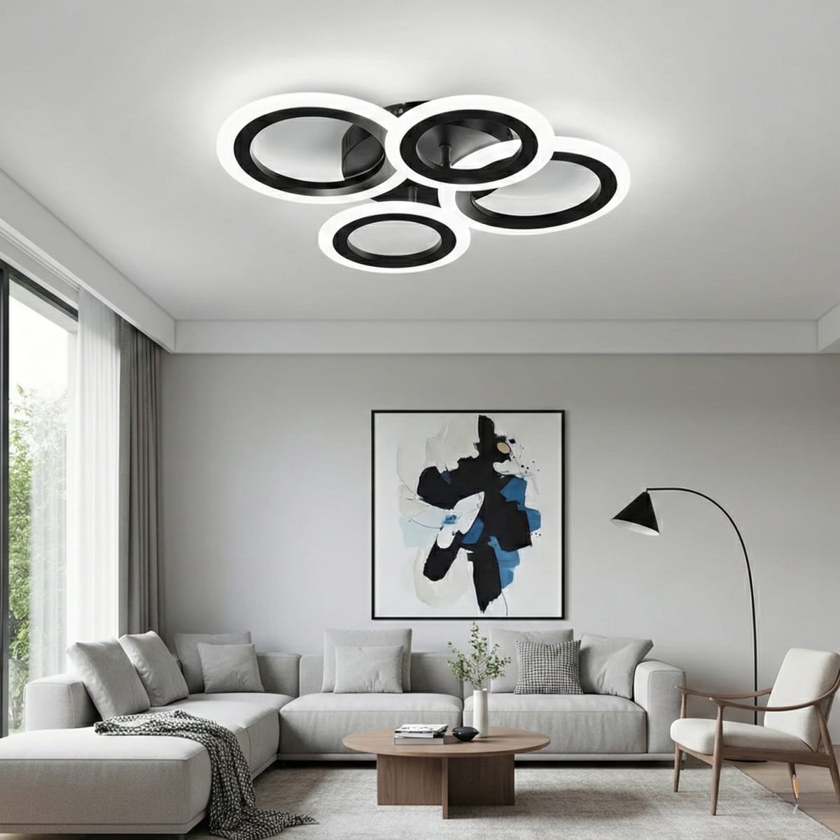 Lustra LED tavan 2+2 cercuri neagra, cu telecomanda, echivalent 400W, lustra moderna pentru living 1