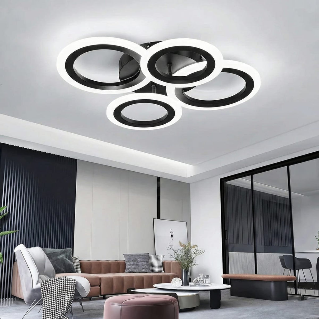 Lustra LED tavan 2+2 cercuri neagra, cu telecomanda, echivalent 400W, lustra moderna pentru living 2