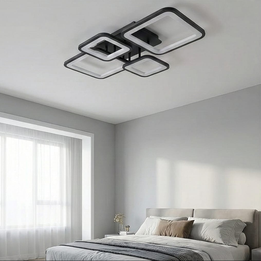 Lustra LED tavan 2+2 patrate neagra, cu telecomanda, echivalent 500W, lustra moderna dormitor 2