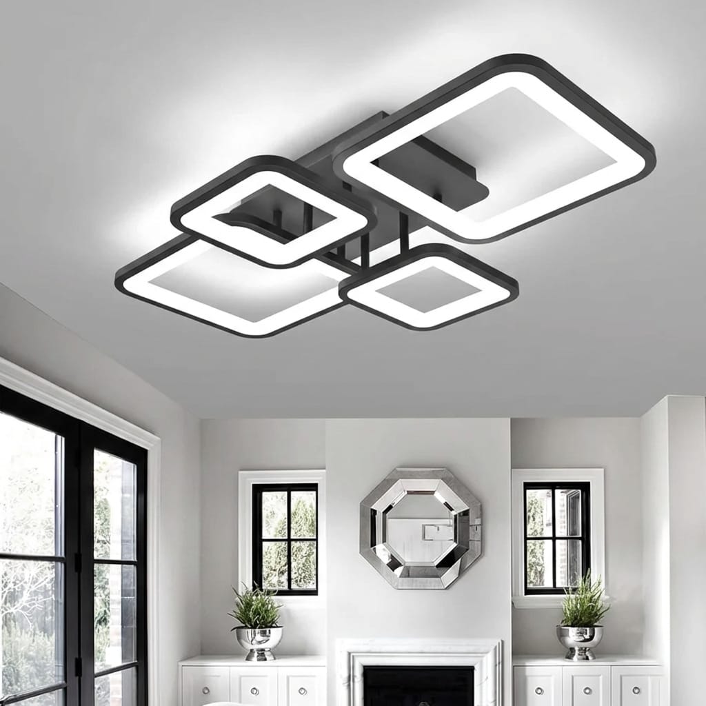 Lustra LED tavan 2+2 patrate neagra, cu telecomanda, echivalent 500W, lustra moderna dormitor 4