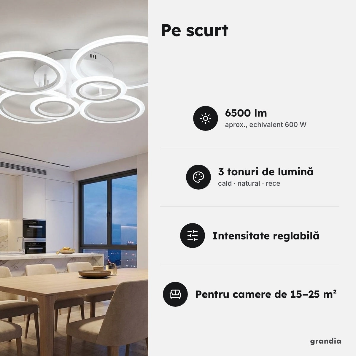 Lustră LED 4+2 cercuri, albă – Pe scurt