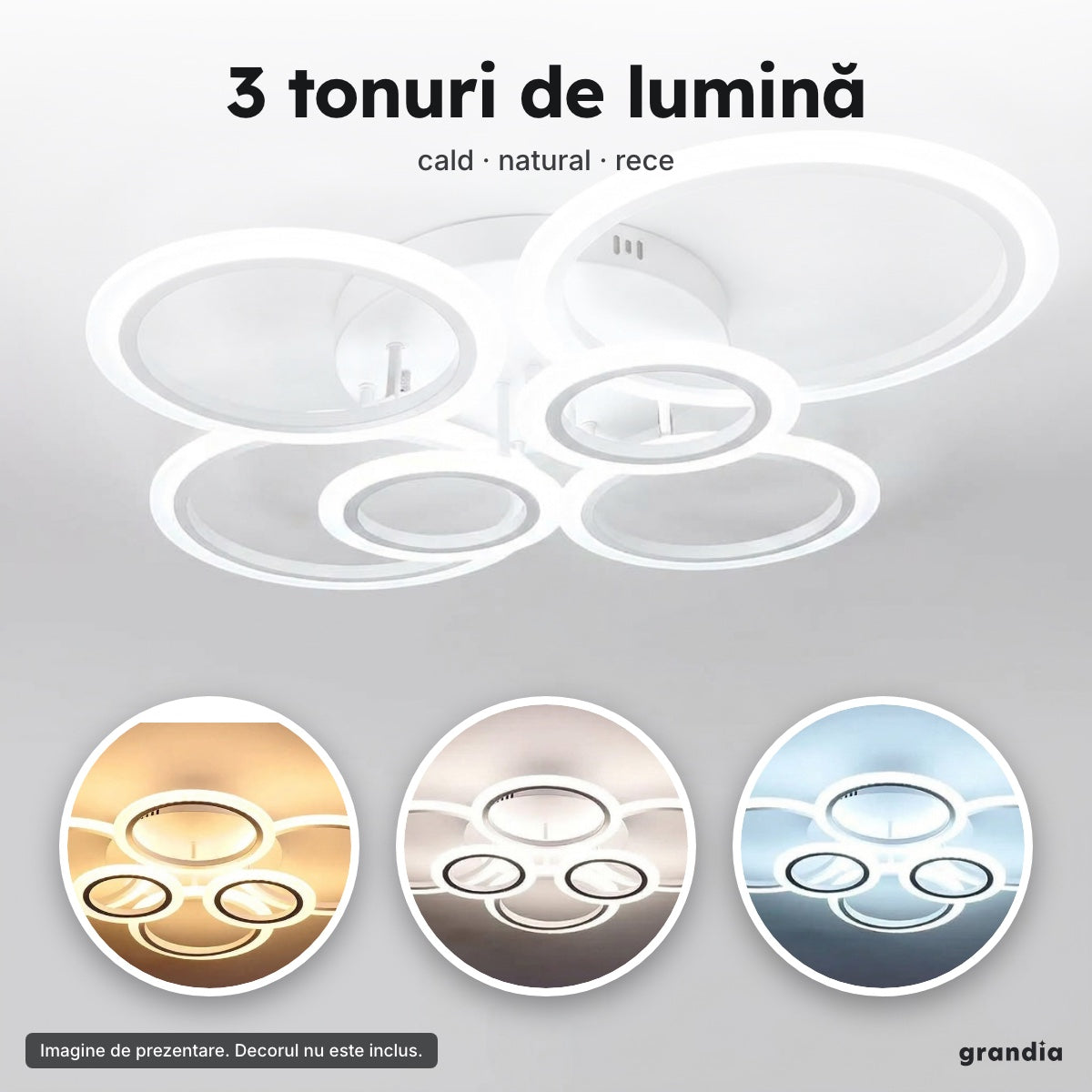Lustră LED 4+2 cercuri, albă – 3 tonuri de lumină