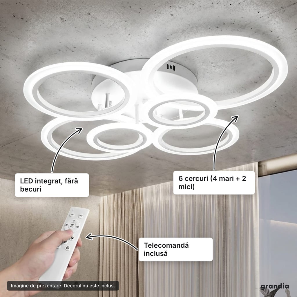 Lustră LED 4+2 cercuri, albă – elemente principale