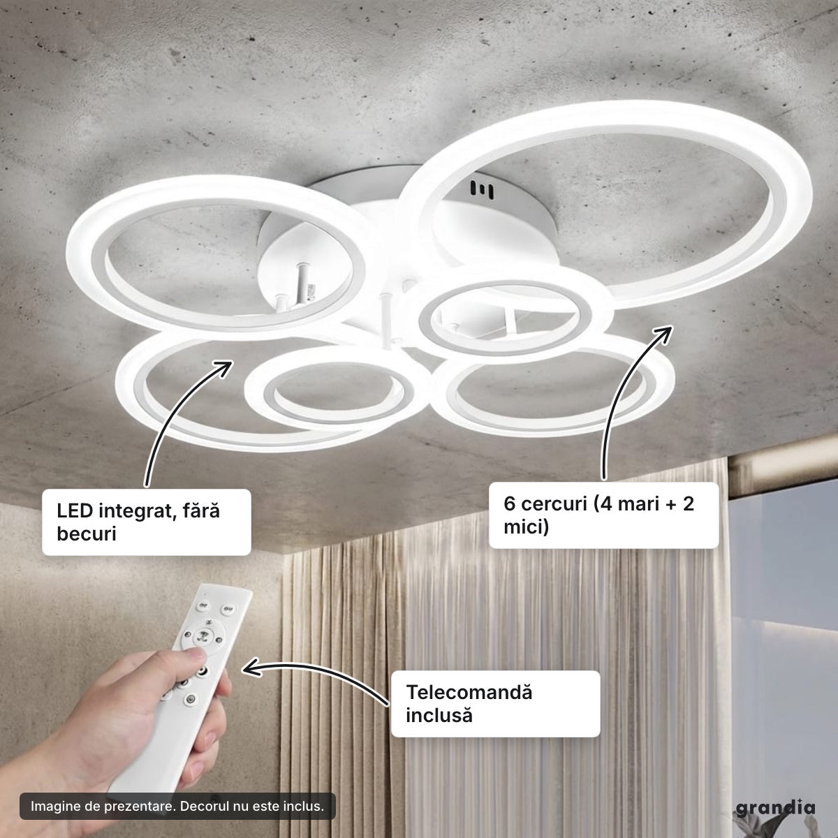 Lustră LED 4+2 cercuri, albă – elemente principale