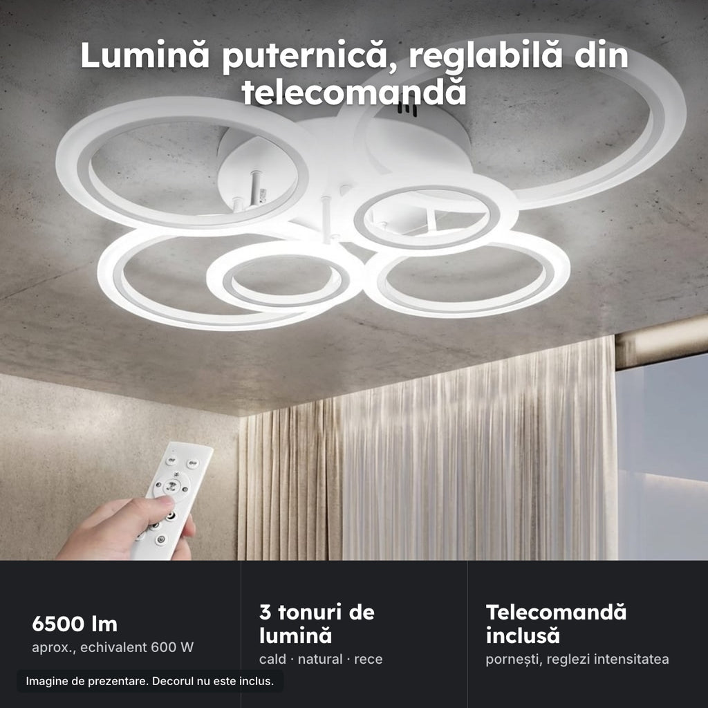 Lustră LED 4+2 cercuri, albă – Lumină puternică, reglabilă din telecomandă