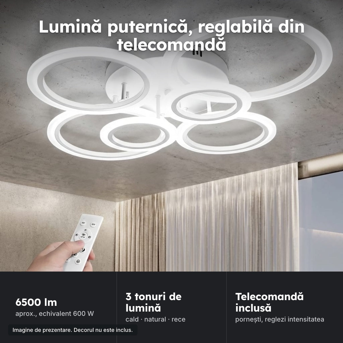 Lustră LED 4+2 cercuri, albă – Lumină puternică, reglabilă din telecomandă