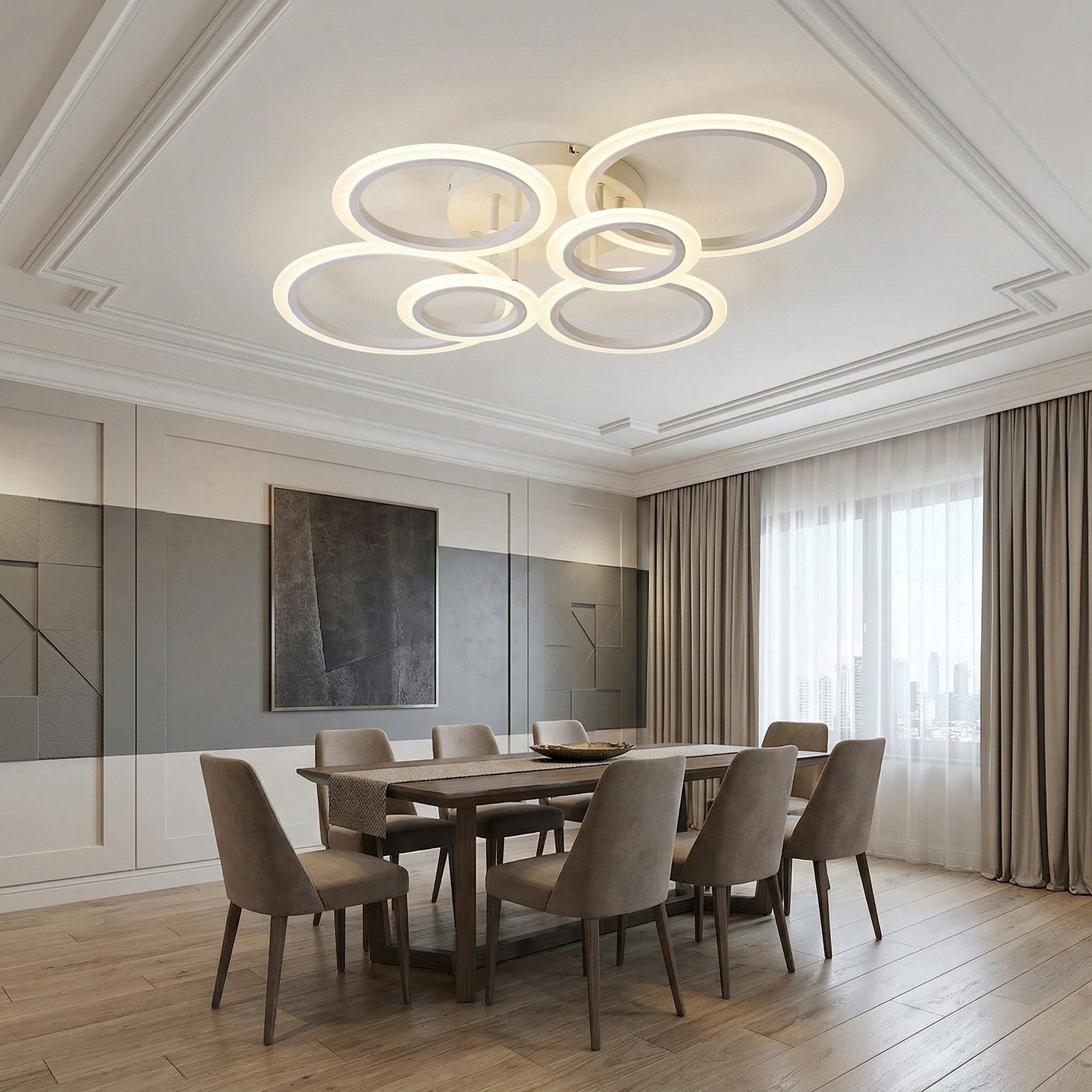 Lustra LED tavan 4+2 cercuri alba, cu telecomanda, echivalent 600W, lustra mare 80cm pentru living 3