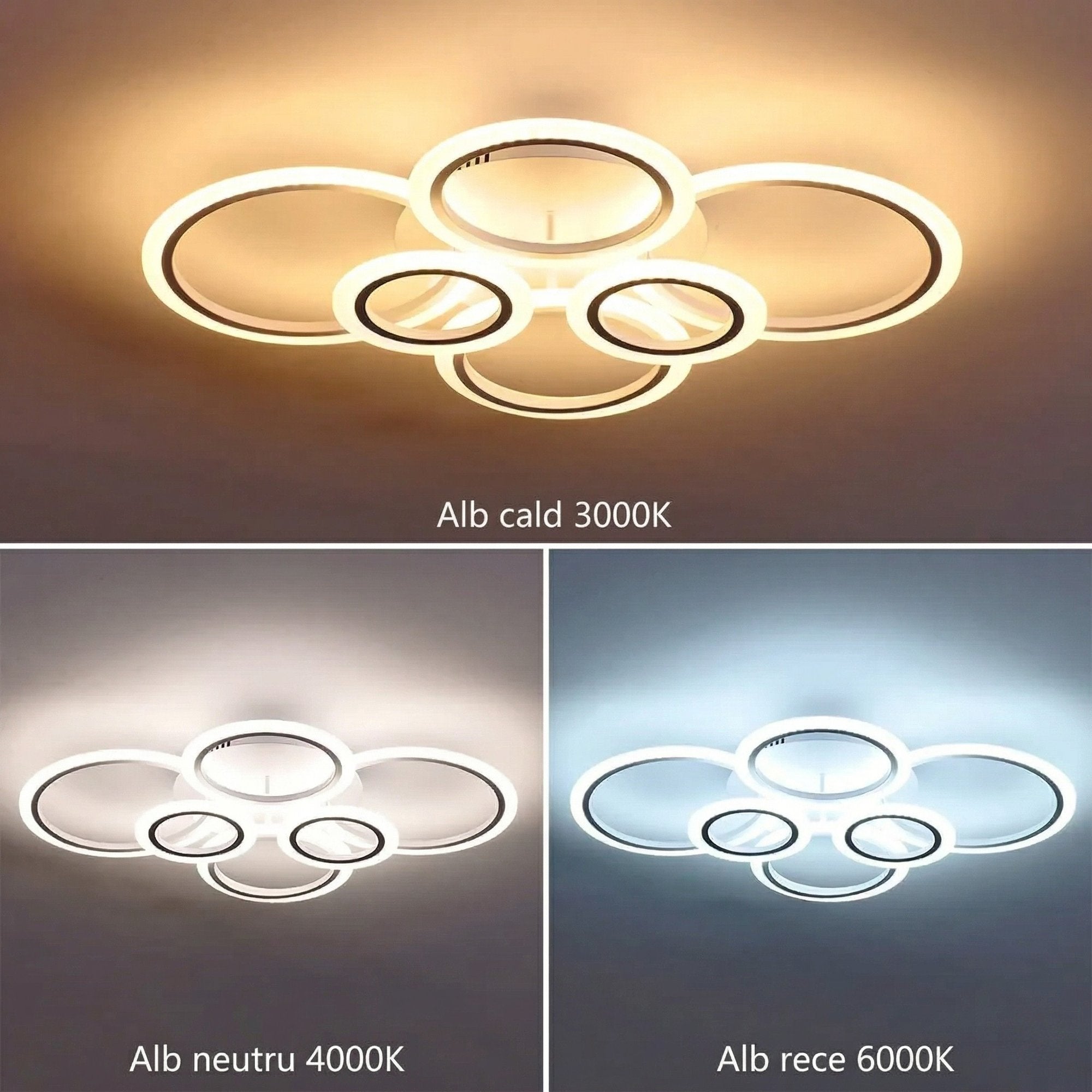 Lustra LED tavan 4+2 cercuri alba, cu telecomanda, echivalent 600W, lustra mare 80cm pentru living 4