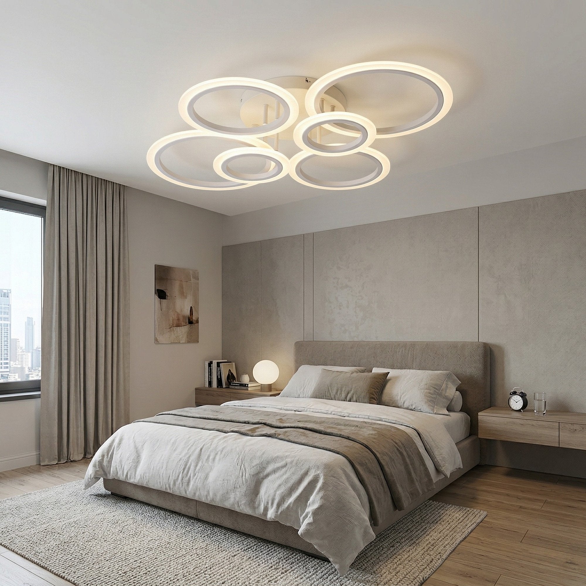 Lustra LED tavan 4+2 cercuri alba, cu telecomanda, echivalent 600W, lustra mare 80cm pentru living 5