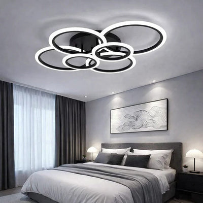 Lustra LED tavan 4+2 cercuri neagra, cu telecomanda, echivalent 600W, design modern living 1
