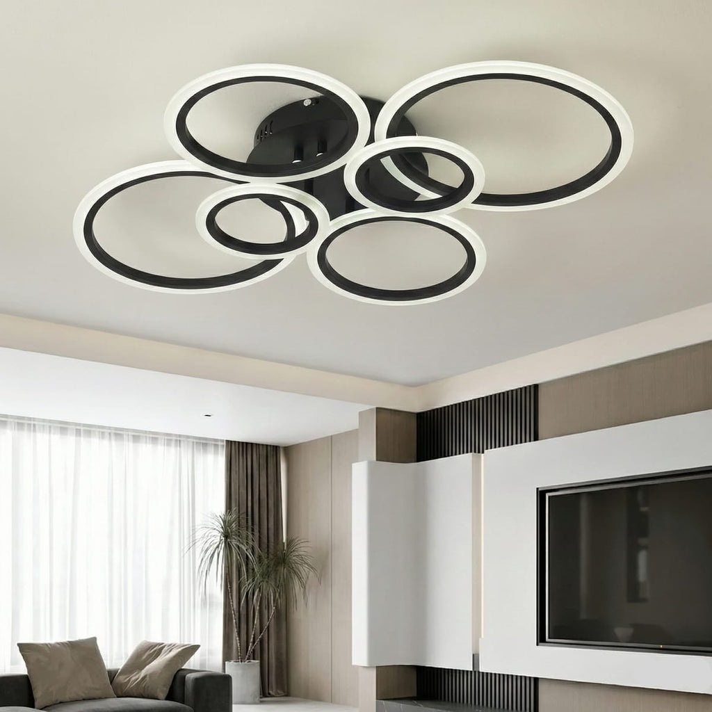 Lustra LED tavan 4+2 cercuri neagra, cu telecomanda, echivalent 600W, design modern living 2