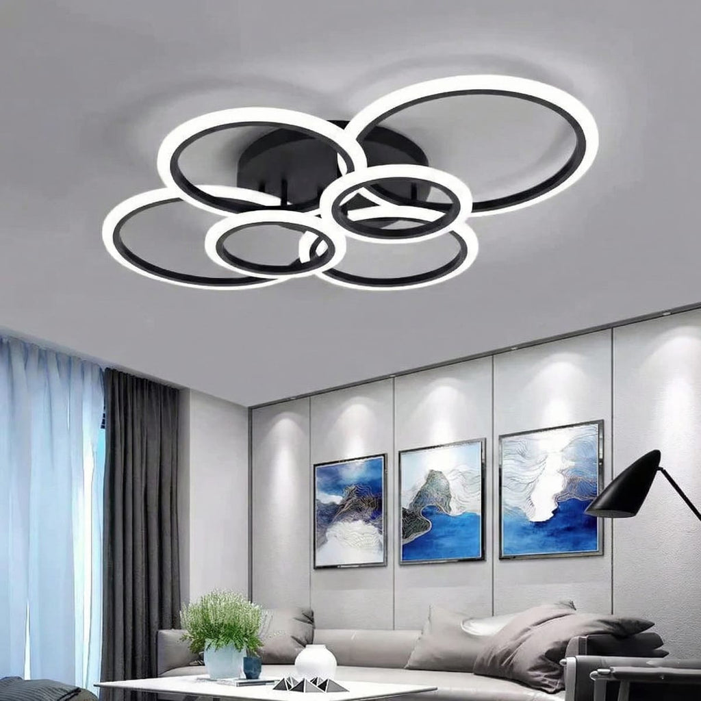 Lustra LED tavan 4+2 cercuri neagra, cu telecomanda, echivalent 600W, design modern living 3
