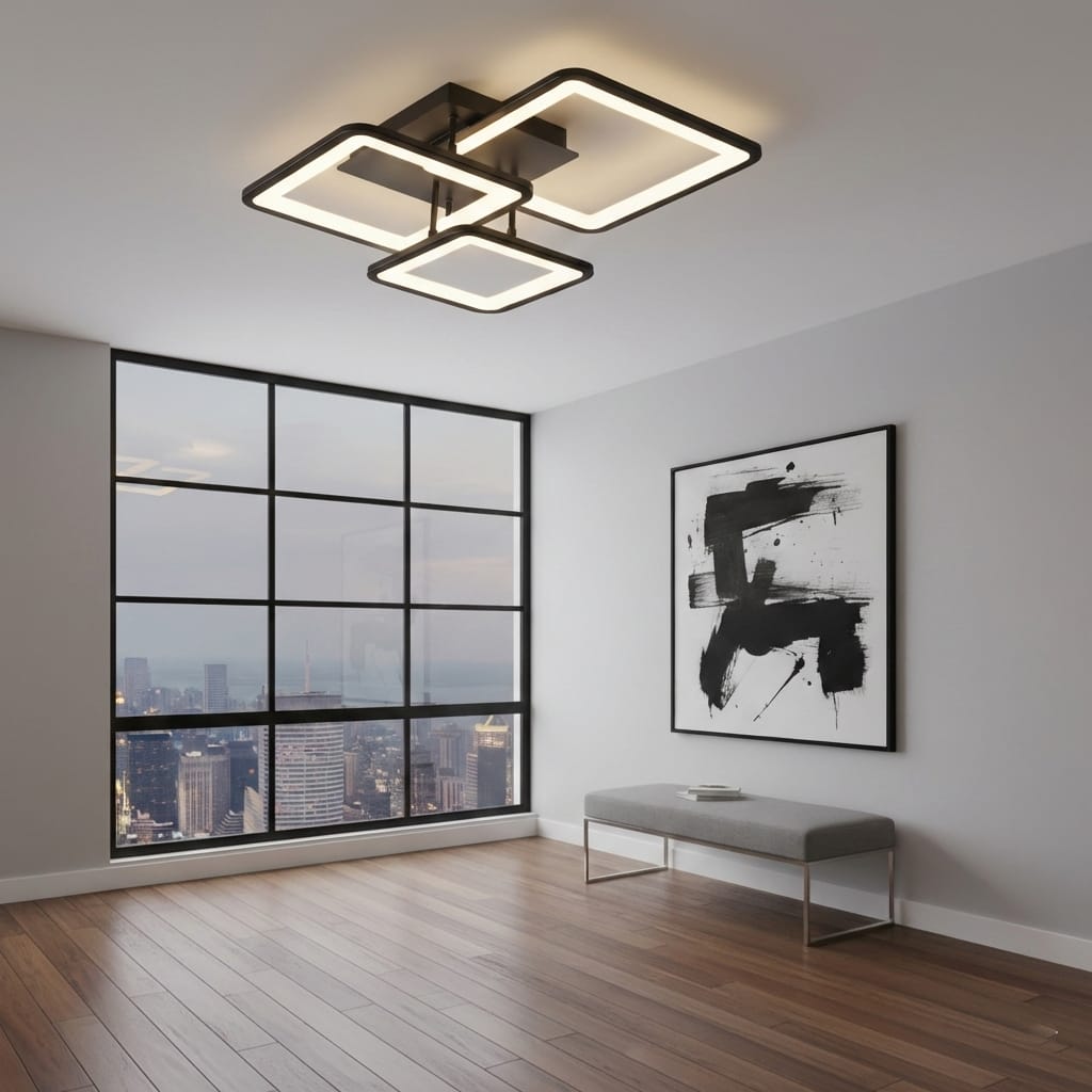 Lustra LED tavan Three Square neagra, cu telecomanda, echivalent 400W, design patrat modern 1