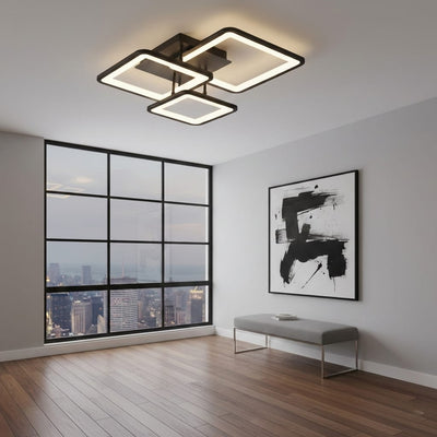 Lustra LED tavan Three Square neagra, cu telecomanda, echivalent 400W, design patrat modern 1
