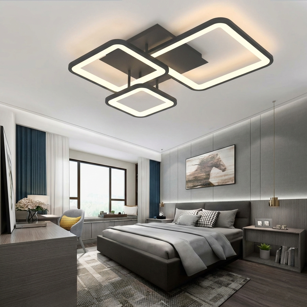 Lustra LED tavan Three Square neagra, cu telecomanda, echivalent 400W, design patrat modern