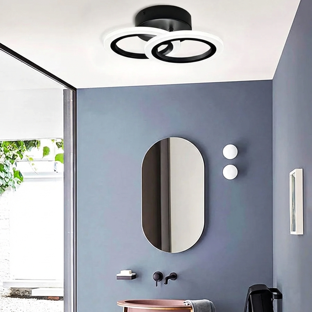 Lustra LED tavan doua cercuri negre, cu telecomanda, echivalent 250W, lustra rotunda 40cm