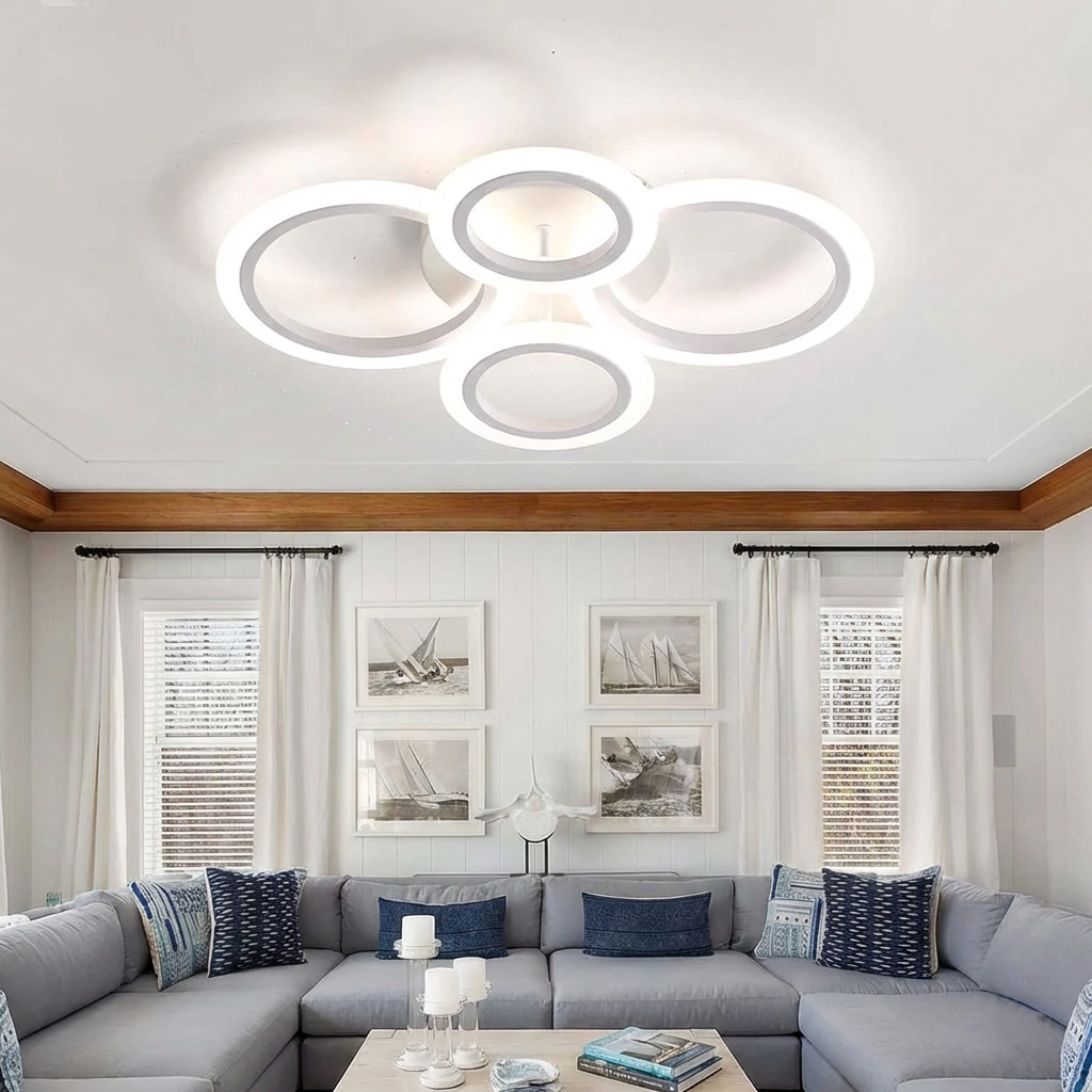 Lustra LED tavan 2+2 cercuri alba, cu telecomanda, echivalent 400W, lustra moderna 60cm