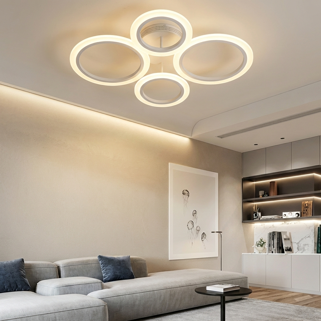 Lustra LED tavan 2+2 cercuri alba, cu telecomanda, echivalent 400W, lustra moderna 60cm