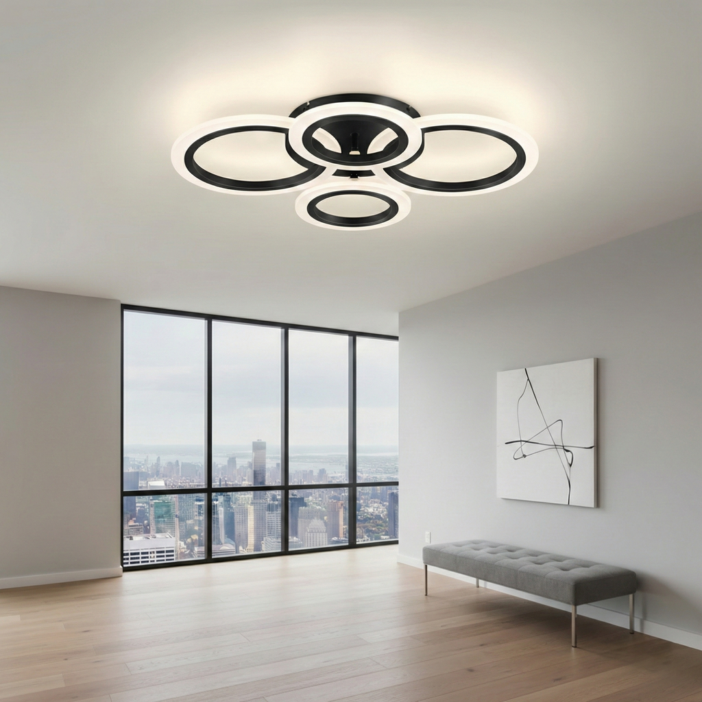 Lustra LED tavan 2+2 cercuri neagra, cu telecomanda, echivalent 400W, lustra moderna pentru living