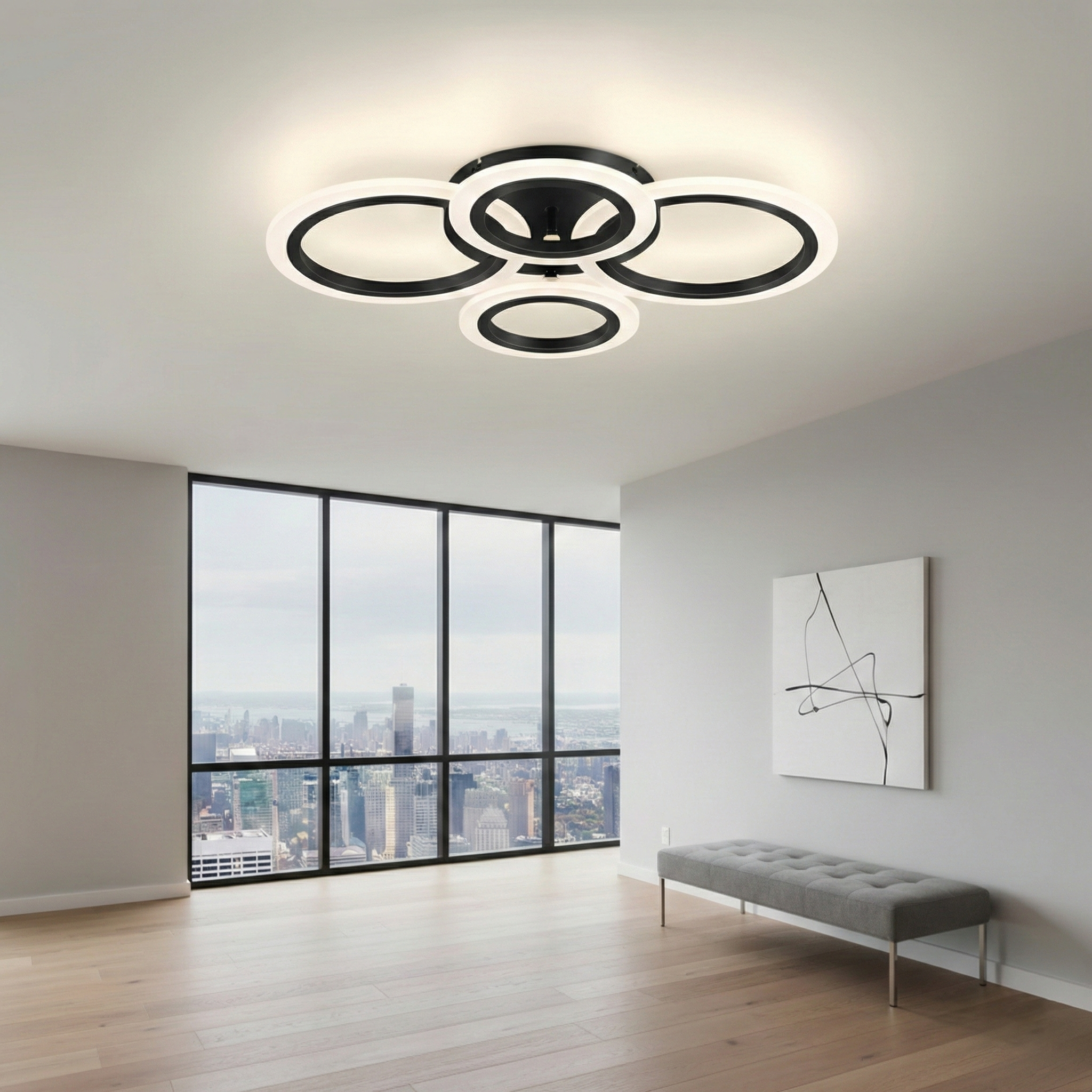 Lustra LED tavan 2+2 cercuri neagra, cu telecomanda, echivalent 400W, lustra moderna pentru living