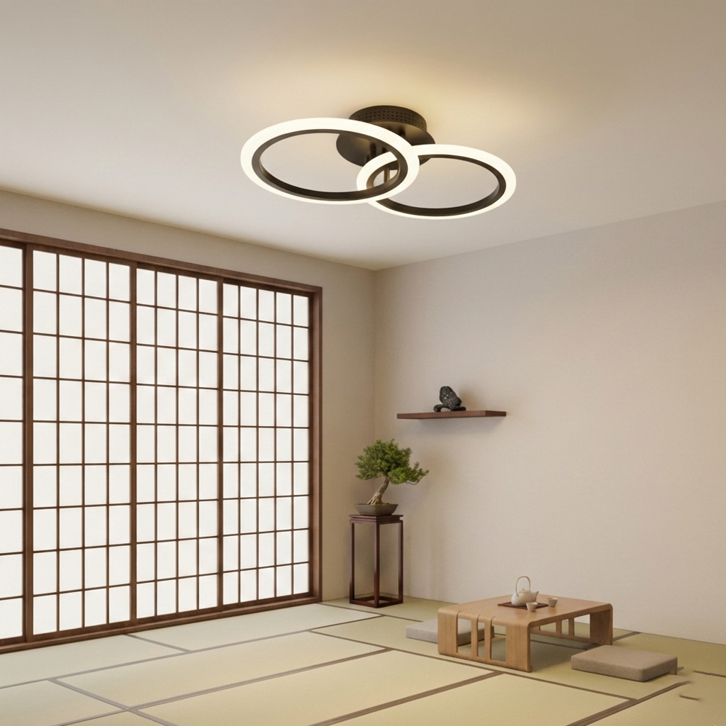 Lustra LED tavan 1+1 cercuri neagra, cu telecomanda, echivalent 300W, lustra rotunda moderna