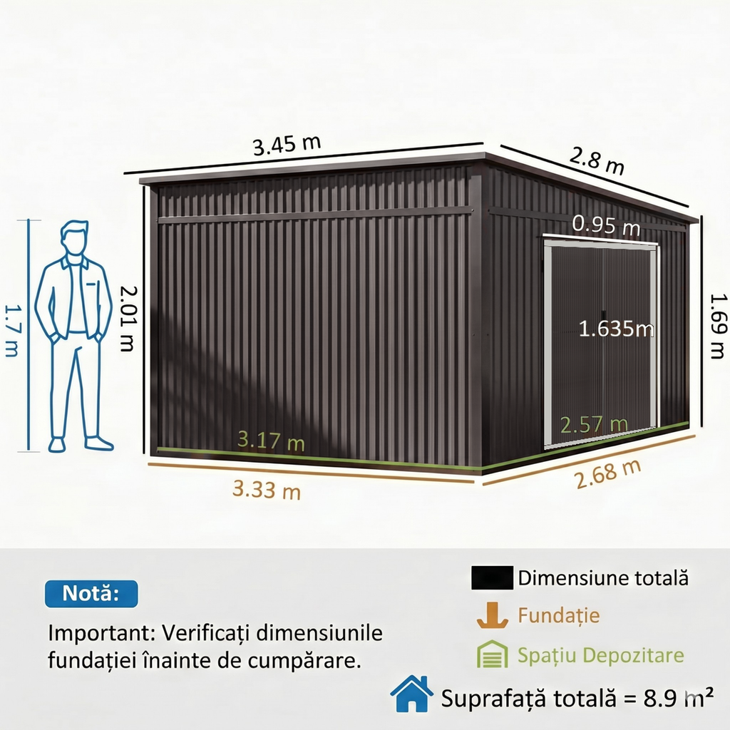 Dimensiuni: 3,45 x 2,8 m total, inaltime 1,69/2,01 m, baza 3,33 x 2,68 m, usa glisanta 0,95 x 1,635 m, suprafata 8,9 mp