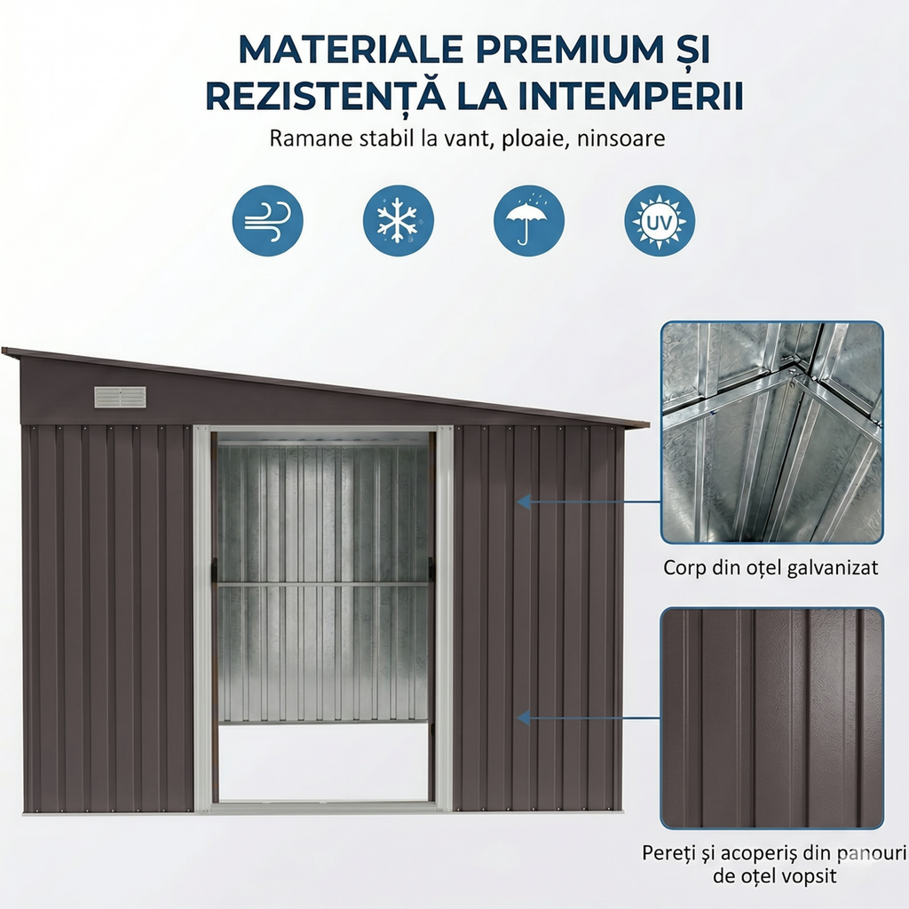 Detalii materiale: corp din otel galvanizat, pereti si acoperis din panouri de otel vopsit