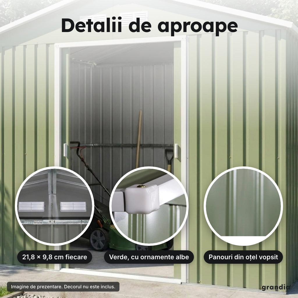 Magazie de grădină din oțel, verde – Detalii de aproape