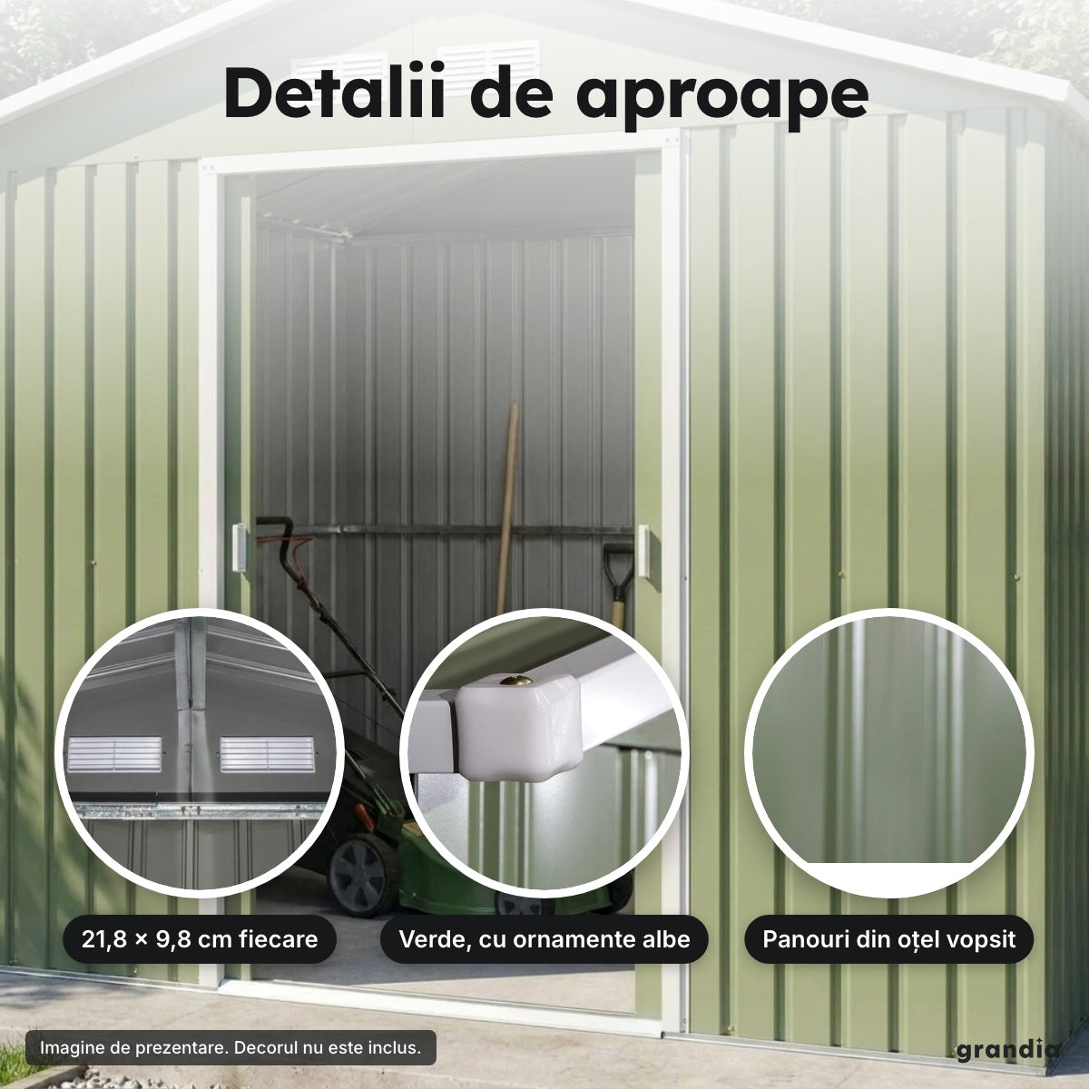 Magazie de grădină din oțel, verde – Detalii de aproape
