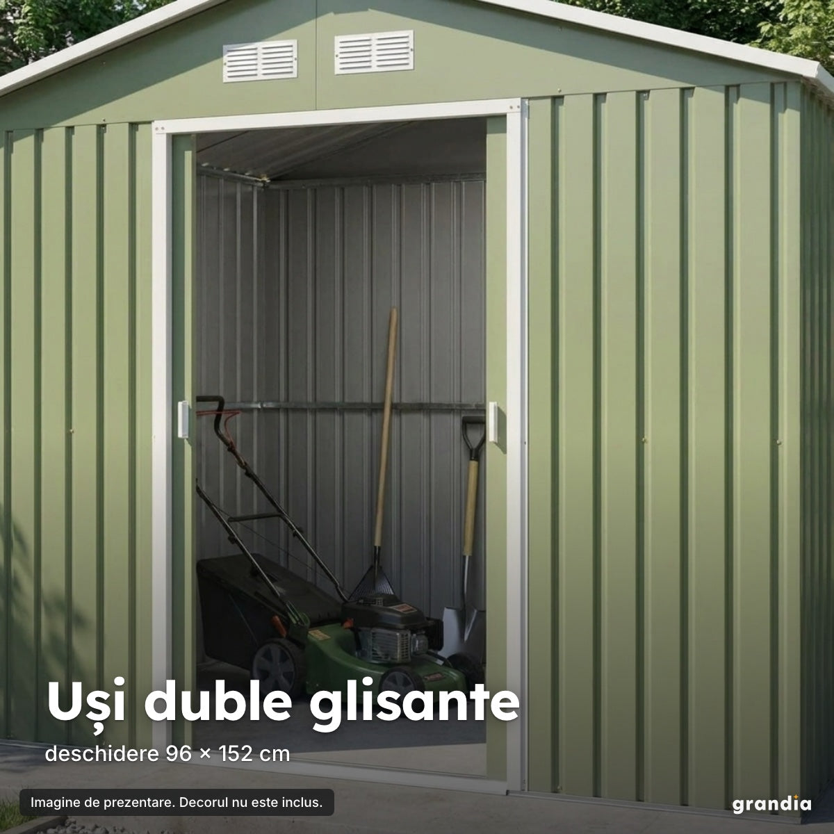Magazie de grădină din oțel, verde – Uși duble glisante