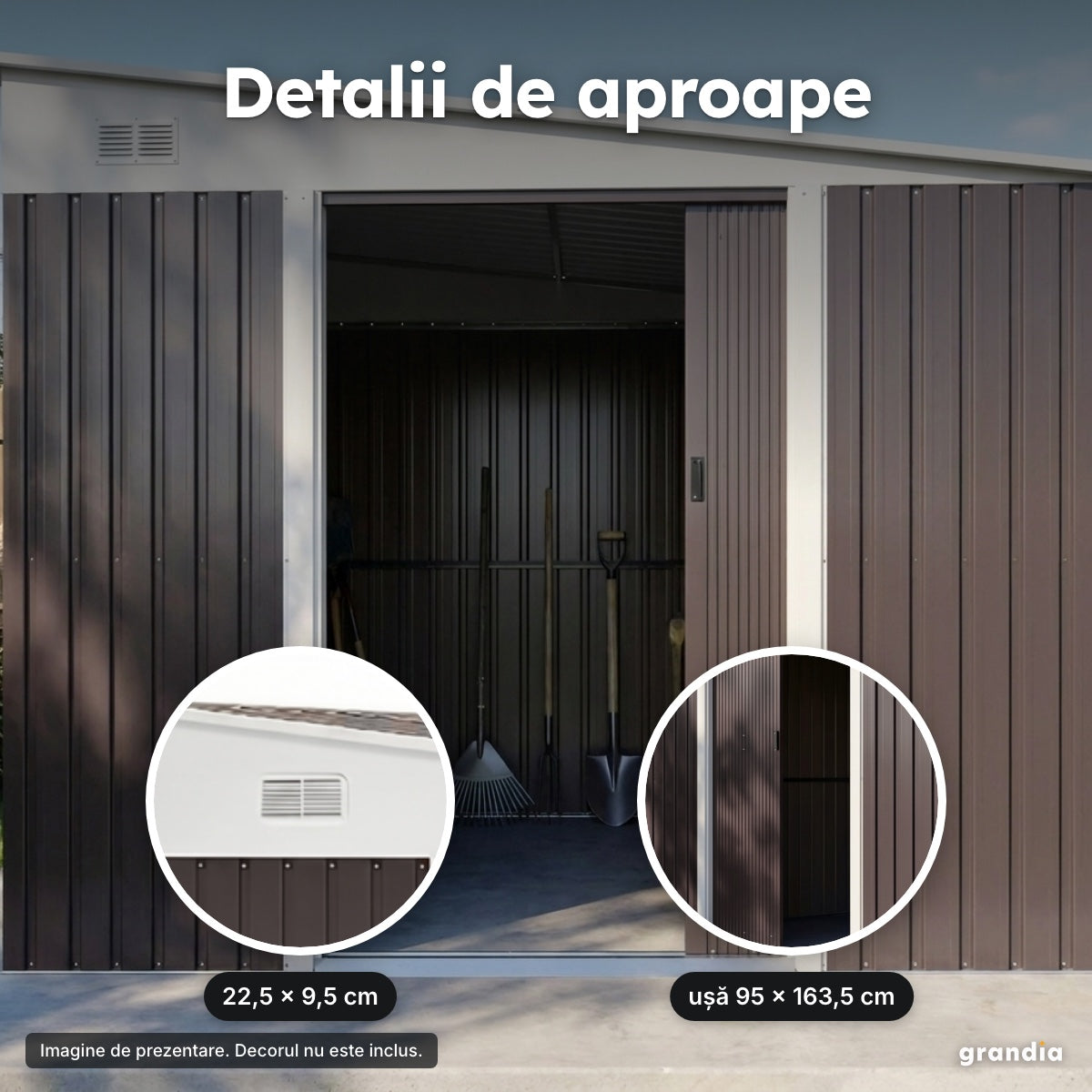 Magazie de grădină din oțel zincat, 3,45 × 2,8 m – Detalii de aproape