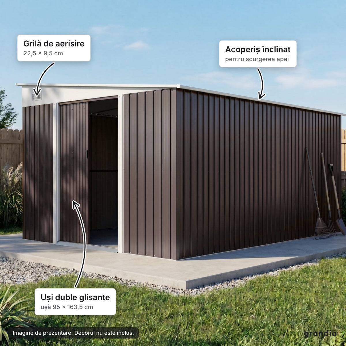 Magazie de grădină din oțel zincat, 3,45 × 2,8 m – elemente principale