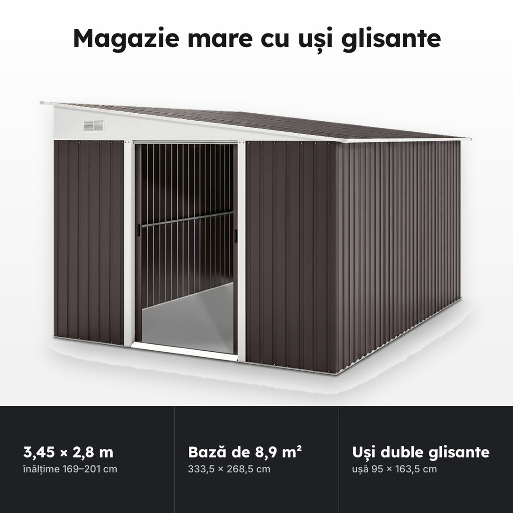 Magazie de grădină din oțel zincat, 3,45 × 2,8 m – Magazie mare cu uși glisante