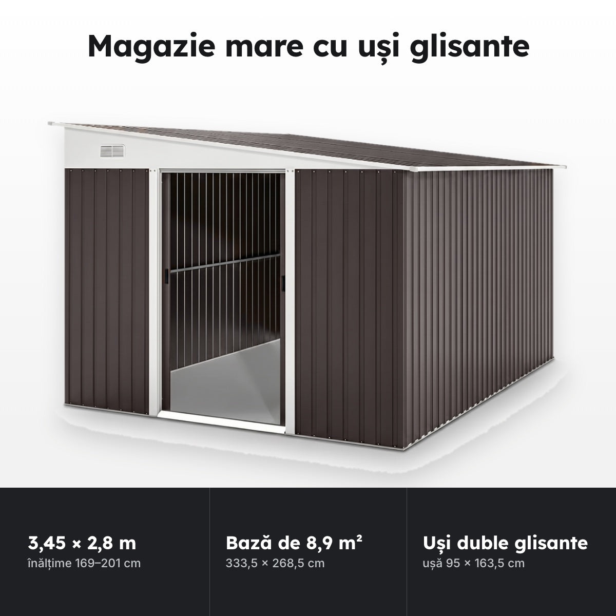 Magazie de grădină din oțel zincat, 3,45 × 2,8 m – Magazie mare cu uși glisante