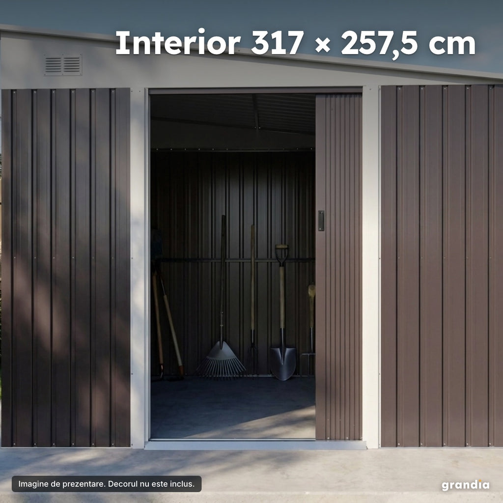 Magazie de grădină din oțel zincat, 3,45 × 2,8 m – Interior 317 × 257,5 cm