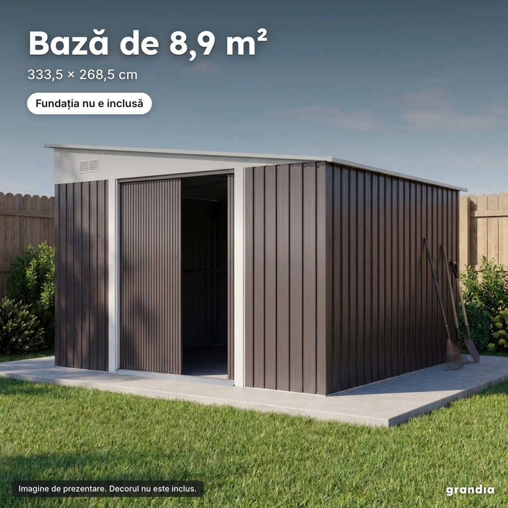 Magazie de grădină din oțel zincat, 3,45 × 2,8 m – Bază de 8,9 m²