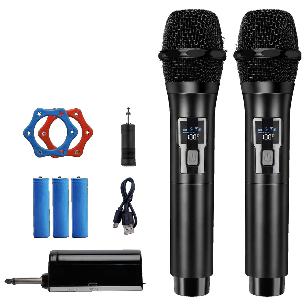 Set de 2 microfoane wireless negre, cu mini-receptor jack, adaptor, cablu USB, 3 acumulatori și 2 inele colorate, pe fundal alb