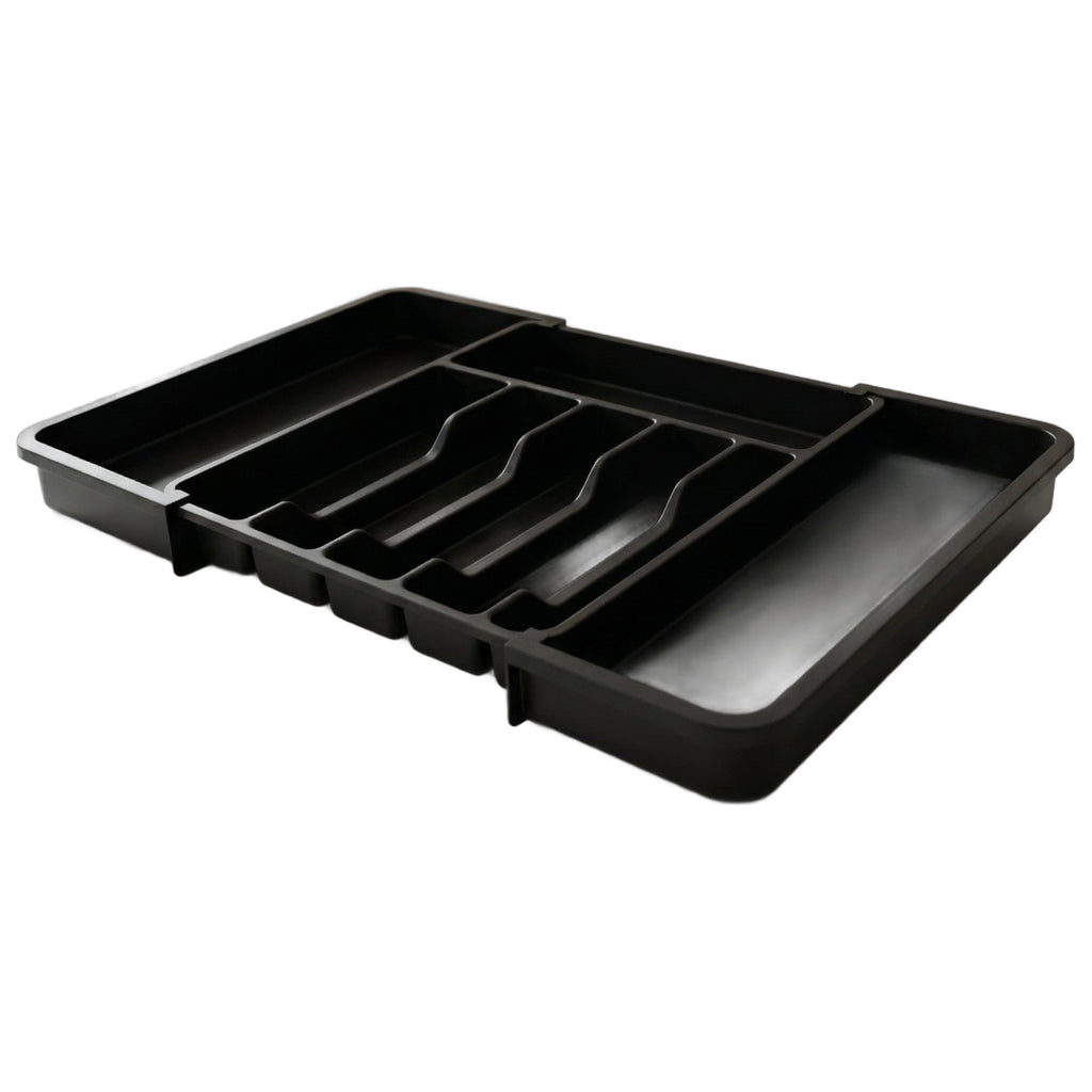 Organizator de tacâmuri extensibil, negru, cu 5 compartimente pentru tacâmuri, unul transversal și două laterale, pe fundal alb