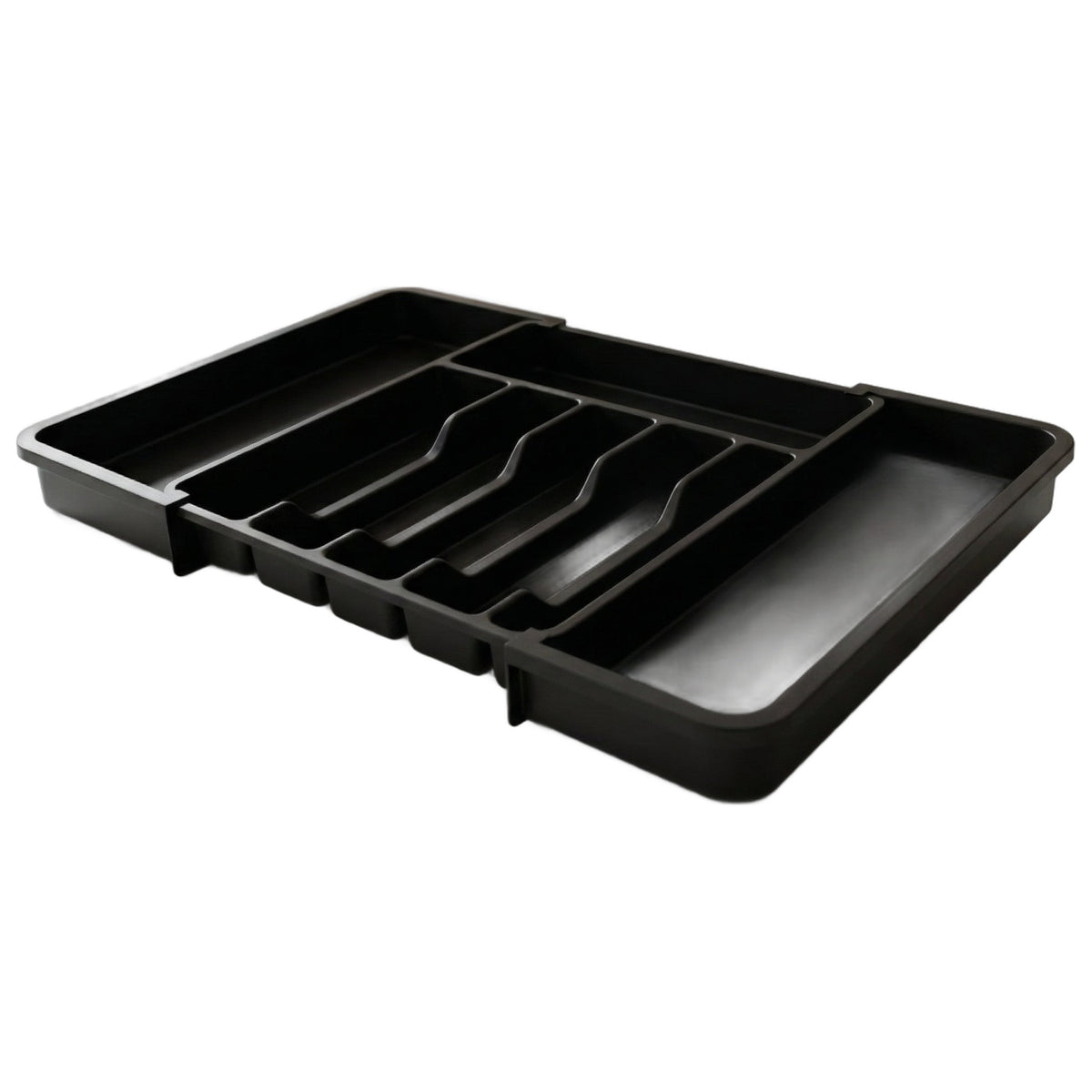 Organizator de tacâmuri extensibil, negru, cu 5 compartimente pentru tacâmuri, unul transversal și două laterale, pe fundal alb