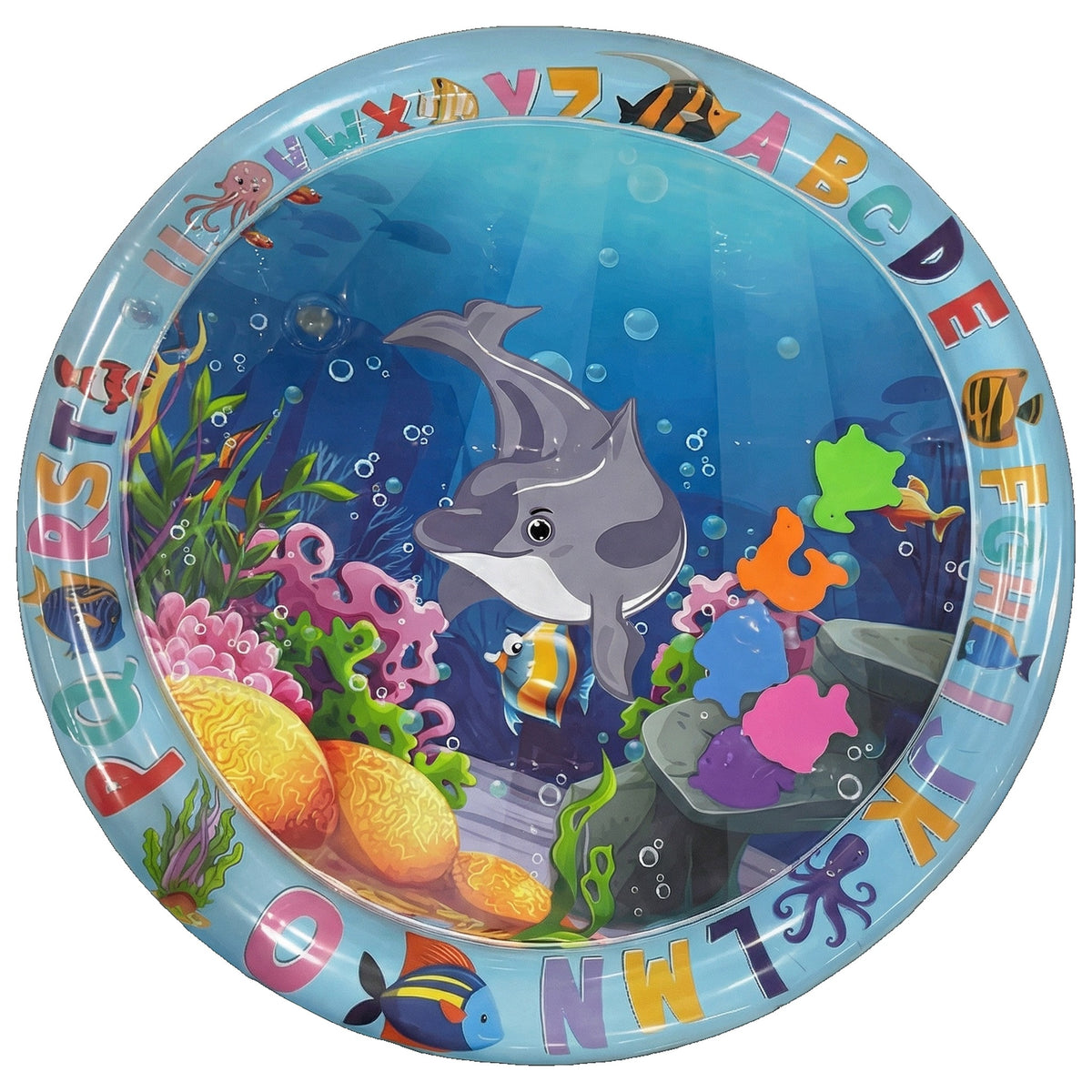 Covoraș rotund cu apă pentru bebeluși, cu imprimeu subacvatic, delfin, pești și alfabetul pe marginea gonflabilă, pe fundal alb