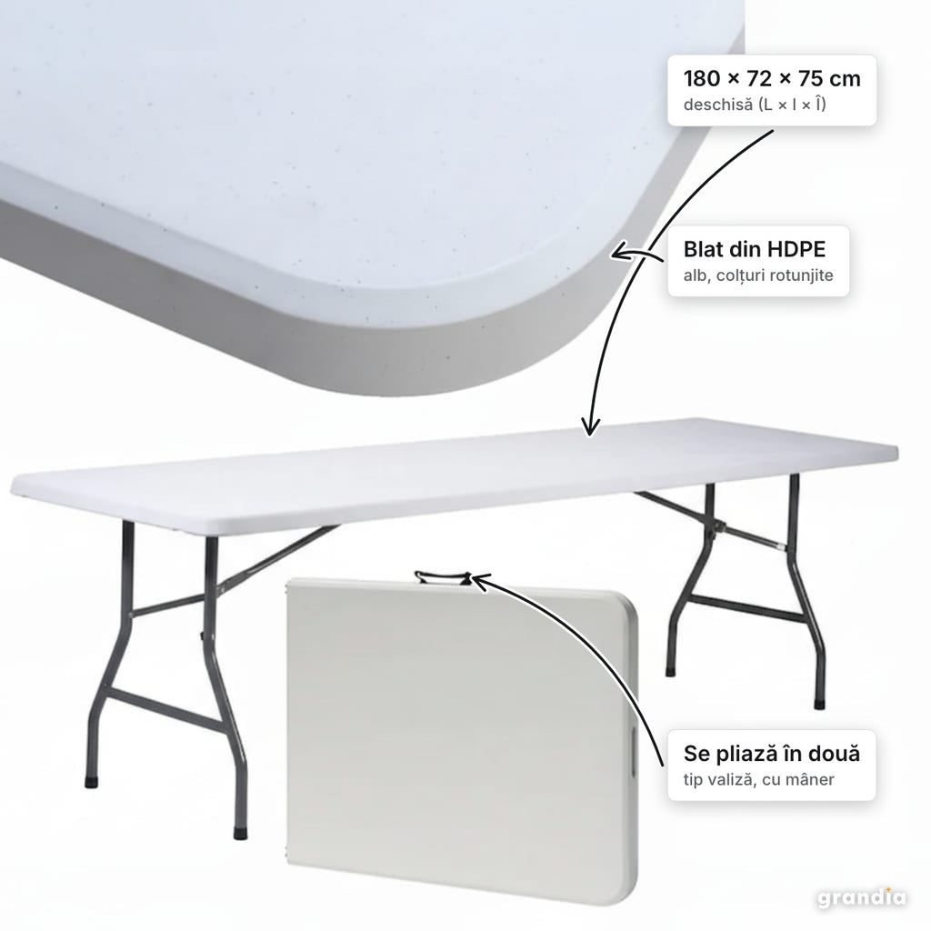 Masă pliabilă albă 180 × 72 × 75 cm, oțel și HDPE – elemente principale