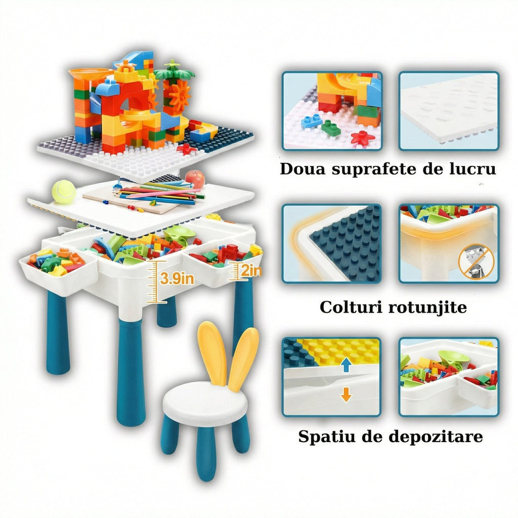 Structura mesei: blat pe două fețe, placă netedă, 3 coșuri, picioare reglabile