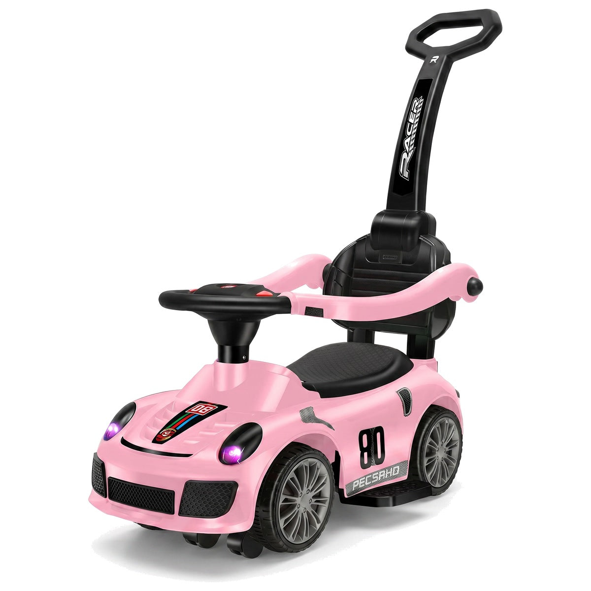 Mașinuță ride-on roz pentru copii, cu mâner negru de împins, bară de protecție și volan, văzută din lateral pe fundal alb