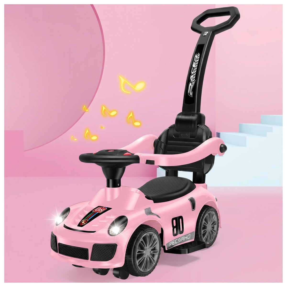 Mașinuță ride-on roz cu farurile din față aprinse și note muzicale alături, într-un decor roz