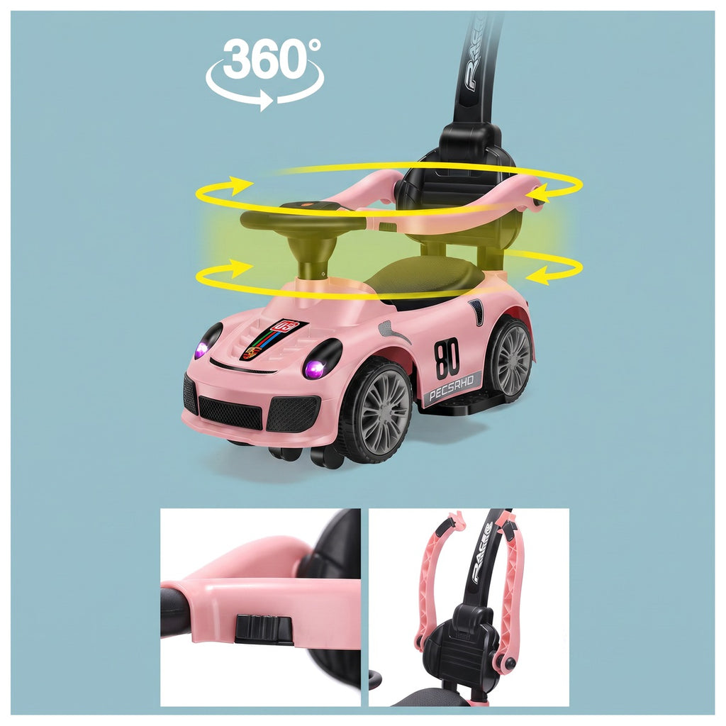 Infografic cu mașinuța ride-on roz: eticheta 360° și săgeți de rotație în jurul scaunului, volanului și barei de protecție, plus două detalii — clema neagră de pe braț și brațele prinse în pivoți pe spătar