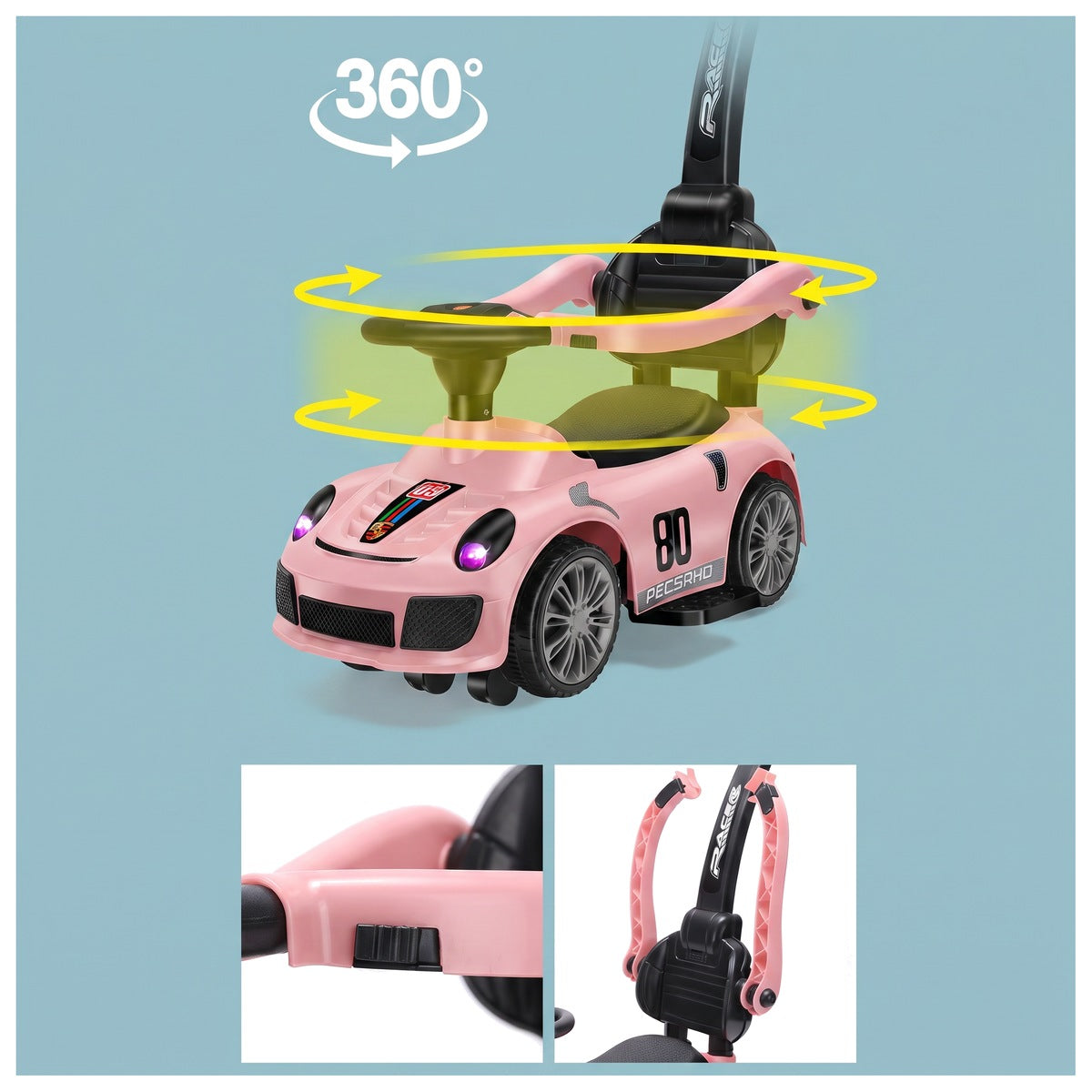 Infografic cu mașinuța ride-on roz: eticheta 360° și săgeți de rotație în jurul scaunului, volanului și barei de protecție, plus două detalii — clema neagră de pe braț și brațele prinse în pivoți pe spătar